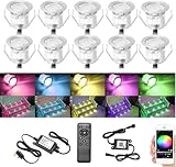 GEYUEYA Home RGB WiFi Led Decking Lights Ø30MM Deck Light with Remote Control,Waterproof IP67 12V Led Plinth Light Kits for Terrace Pathway Garden Decoration,10 Packs