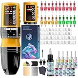 POSEIDON Cordless Tattoo Machine Kit with 7 Stroke Settings, Two 1800mAh Batteries, Normal/Dot Modes & LED Display - Professional Portable Tattoo Gun for Beginners | Complete Starter Supplies (HM158)