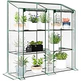 Outsunny 3 Tier Lean-to Mini Greenhouse with Reinforced Plastic Cover, Portable Indoor Outdoor Green House with 2 Roll-up Doors and 6 Wire Shelves, 151H x 143W x 46Dcm, Clear