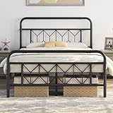 Yaheetech 4ft6 Double Bed Frames Vintage Sturdy Metal Platform Bed with Large Storage/Diamond Pattern Headboard/Easy Assembly/Embeded Design Bed Base, Black Double Bed