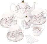 fanquare 21 Pieces Pink Rose Porcelain Tea Set with Spoons, Coffee Cup and Saucer Set for 6, Afternoon Tea Party Service for Adults