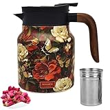 YANGUN Thermos Teapot with Infuser, Thermal teapot, Vintage Floral Pattern Tea Thermos with Handle, Stainless Steel Thermal Carafe for Hot Tea and Cold Drinks, Tea and Coffee Jug, 1000ML (Bright Red)