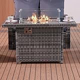 Rattan Gas Fire Pit Table with Lava Stones, Removeable Wind Guard & Lid Cover - Outdoor Table Top Fire Pit for Garden, Patio, Conservatory - FREE RAIN COVER INCLUDED (Dark Grey)