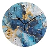 Wall Clock Blue White Gold Marble, Silent Non-Ticking Decorative Wall Clocks Battery Operated 25x25cm