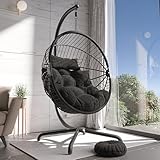 Swing Egg Chair, Rattan Hanging Egg Chair With Cushion, Foldable Egg Chair Outdoor Indoor, Garden Patio Hammock Chair With Stand & Adjustable Height, 160 Kg Weight Capacity