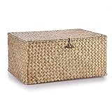IGNPION Seagrass Storage Basket with Lid Woven Wicker Desktop Basket Rectangular Bathroom Storage Organiser Box, Living Room Decorative Under Shelf Basket Multipurpose Storage Hamper (XL, Coffee)