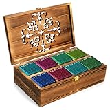 Coloch Wooden Tea Bag 8-Compartment Storage Box with Carved Lid, Bamboo Tea Chest Organizer Spice Packets Container for Living Room, Kitchen, Office, Home Decor