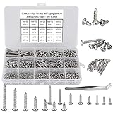 FandWay 595Pcs Self Tapping Screws 304 Stainless Steel,M2 M3 M4 Small Wood Screws Assortment,Pan Head Self Drilling Screw,Round Head Sheet Metal Screw Phillips Drive for DIY Wood Repairs.