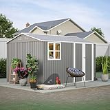 BIRCHTREE Garden Shed Steel Apex Roof House Outdoor Backyard Storage With Lockable Double Doors Window Free Foundation Tool Equipment Organizer Air Vents 10x8FT Grey