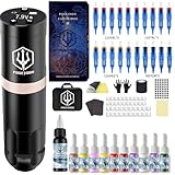 POSEIDON Wireless Tattoo Pen Kit - Professional Cordless Tattoo Gun with 1500mAh Battery, 20 Cartridge Needles & Smart OLED Display | Japanese Coreless Motor | Complete Starter Supplies (PK-HM124)