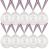 Swpeet Metal Gold Silver Bronze Award Medals with Ribbon, Olympic Style Winner Medals for Kids Children's Events, Classrooms, Office Games and Sports - 1st 2nd 3rd Place (Silver Medal-10Pcs)