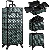 Professional 4-in-1 Large Makeup Trolley Beauty Cosmetics Vanity Organizer Rolling Make up Train Case Hairdressing Storage Box with Universal Wheels and Key Locks 4 Tiers (Dark Green)