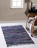 Second Nature Online Blue Multi Colour Festival Rag Rug Small Hand Made Reversible Mat GoodWeave Certified 60 cm x 90 cm