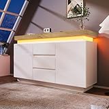Merax Modern High Gloss Sideboard for living room Sideboard Cabinet Cupboard with 2 Doors and 3 Drawers, with RGB LED(App-controlled), 81 x 140 x 39 cm, White