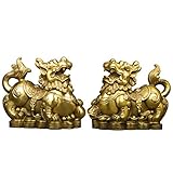BRABUD Handmade Brass Feng Shui Pi Yao/Pi Xiu for Wealth Good Luck Figurine Collectible Home Decor Set of 2