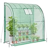Ohuhu Lean to Greenhouse with Greenhouse Shelving, Portable Walk-in Green House with Mesh Windows 200x100x210 cm Reinforced Lean-to Wall Greenhouses with 2 Roll-Up Zipper Doors for Outdoors Green