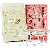 Vintage Art Deco Coupe Glasses | Set of 4 | 200 ml Classic Cocktail Glassware for Champagne, Martini, Manhattan, Cosmopolitan, Sidecar | Crystal Speakeasy Style Saucer Goblets with Stems