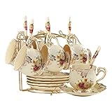 YOLIFE Tea Cup and Saucer Set of 6, 200ml Vintage Ivory Porcelain Cups Saucers Set with Gold Stand, Gift for Women
