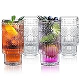 Joeyan Vintage Glassware Drinking Glasses Set of 4, 340ml Highball Glass Cups, Embossed Clear Tall Water Tumbler with Pattern for Cocktail, Beer, Whiskey, Juice, Iced Coffee Tea and Mixed Drinks