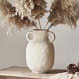 Beige Ceramic Vase with 2 Handles Vintage Flower Vase for Home Decor Rustic Vases for Flowers Stoneware Jug Matte Pottery for Mantel Kitchen Dining Table Centerpieces