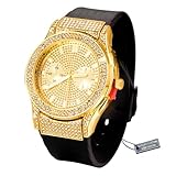 HALUKAKAH Moissanite Diamond Gold Watch for Men,Luxury 18k Real Gold Plated,Basic Waterproof,Fake Double Calendar Dial Iced Out,Adjustable Black Wristband,Giftbox Included
