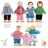 Wooden Dollhouse People Family Set with Cat and Dog, Dolls House Figures for Pretend Dollhouse Accessories Gift