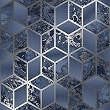 Muriva Elixir Cube Blue Silver Wallpaper 166512 - Metallic Geometric Marble