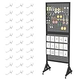 tonchean Pegboard Panels Display Stand with Wheels, Heavy Duty Metal Peg Board Display Stand with 30 Hooks, Floor Standing Tool Pegboard Black for Garage, Retail Shops, Workshops, Craft Shows