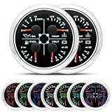 85mm 4-in-1 Multifunction Gauge Oil Pressure, Fuel Level 0-190ohms/240-33ohms Adjustable, Water Temperature, 12V Voltmeter with 7 Colors Backlight for Auto, Marine, Motorcycle