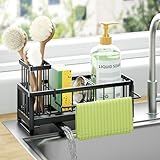 HapiRm Kitchen Sink Caddy Black- Self-draining Sponge Holder with Brush Holder and Dishcloth Holder, Stainless Steel Sink Tidy Organiser for Countertop Kitchen Storage & Organisation
