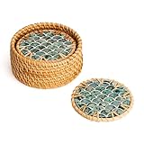 JUNGLE CULTURE Mother of Pearl Rattan Coasters for Drinks with Holder • Handmade Round Coaster Set of 6 • Sustainable Homeware • Coffee Table, Tiki Bar, Mugs, Glasses, Cups • Coastal Boho - Cascade