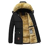 ANUFER Men's Thermal Winter Parka Jacket Thick Fluff Lining Cotton Padded Coat with Detachable Fur Hood SD5A0831 Black L