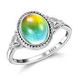 Morfetto Sterling Silver Mood Rings for Women - Vintage Handmade Victorian Oval Solitaire & Color Change Rings - 18K White Gold Plated Womens Jewelry