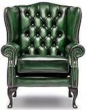 Chesterfield Highback Classic Chair – Antique Green Leather | Handmade Wingback Armchair with Deep Button Tufting, Nailhead Trim & Mahogany Legs - Genuine Leather (Antique Green)
