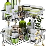 HapiRm Corner Shower Caddy Silver - Shower Caddy Corner Shelves with 11 Hooks, Shower Organiser for Razor soap & shampoo, Bathroom & Kitchen Storage Bath Accessories Stainless Steel, 6 Sticker, 2 pcs