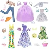 24 Doll Clothes Set 1 Purple Couture Evening Dress 1 Check Dress Set 1 Floral Casual Set 1 Purple Floral Dress 2 Hawaiian Party Suit for 11.5 Inch Dolls Girls Gift