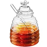 Hedume Honey Jar with Dipper and Lid, Honey Bee Pot, 17oz/500ml Glass Beehive Honey Pot for Home Kitchen