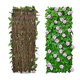 2Pcs Artificial Leaf Screening, Expandable Fence Privacy Screen for Balcony Patio Outdoor,Decorative Faux Ivy Fencing Panel,Artificial Hedges 30x200cm- Expanded (Pink Flowers)