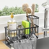 KEMDH Kitchen Sink Caddy Organiser, Sink Tidy with Removable Brush Holder, Sponge & Soap Holder,Stainless Steel Cleaning Utensil Caddy for Kitchen,Black
