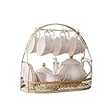 fanquare 21 Pieces Simple White Ceramic Tea Sets,British Tea Pot,Bone China Coffee Cups with Metal Holder Matching Spoons, Afternoon Tea Set Service