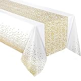 White Gold Dots Polka Plastic Tablecloth Cover 9x4.5ft (137x274cm) Rectangle Table Cloth Oilcloth Waterproof Stain-Resistant Xmas Birthday Wedding New Year Home Garden Party Table Decoration Supply