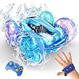 Tecnock Amphibious Remote Control Car Boat for Kids, 4WD RC Stunt Car with Waterproof Remote Control, 2.4GHz Gesture RC Cars with LED Lights, Water Pool Toys Gifts for Boys, Girls