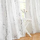 Fmfunctex White Silver Semi Sheer Curtains for Bedroom 90 Drop Voile Curtain for Living Room Branch Foil Eyelet Linen Textured Light Filtering Window Curtain Drapes for Dining Room 2 Panels
