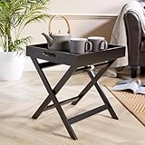 Home Source Butlers Side Table Portable Wooden Food Drink Serving Tray, Black, 40cm