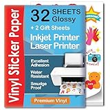 Premium Printable Vinyl Sticker Paper - 32 Sheets - Glossy A4 - Waterproof - Laser & Inkjet Vinyl Sticker Paper - Printable Sticker Paper - for Cricut