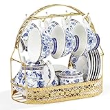 fanquare 21 Pieces British Vintage Porcelain Tea Set, Blue Floral Ceramic Coffee Set with Stand, Cups and Saucer Service for 6, for Afternoon Tea Party