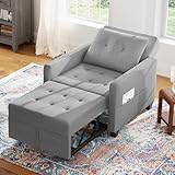 Vesgantti 3 in 1 Sofa Bed Light Grey, Convertible Sleeper Chair with Adjustable Backrest, Fabric Single Sofa Bed Chair with Side Pockets, Foldable Pull Out Bed for Living Room