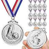 GeeRic 12Pcs Silver Soccer Medal with Neck Ribbons, Soccer Game Medals Prizes Star Gold Prizes for Sports, Competitions, Party, Olympic Style,Soccer