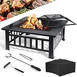 Garden Fire Pit with Grill 32 Inch, Square Metal Outdoor Wood Burning Square Fire Pit Table with Spark Protector Screen, Grate, Waterproof Cover, Coal Grid, Poker, Grill Tong and Brush for Garde