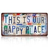 Vintage License Plate Wall Decor THIS IS OUR HAPPY PLACE Colorful Text Metal Tin Signs Metal Sign Funny Wall Art Painting For Bar Home 15 x 30 cm